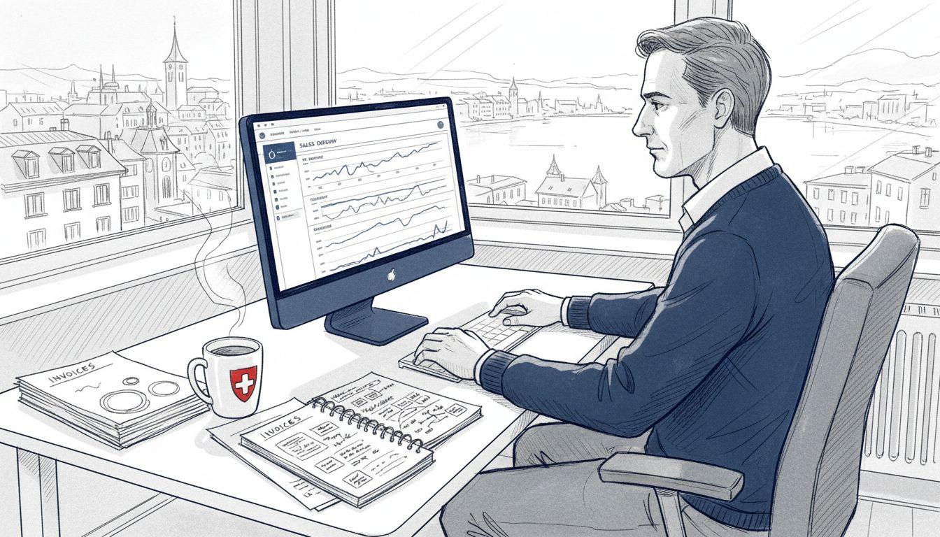 Manager reviews Shopify analytics in Swiss office