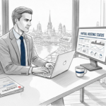 Swiss businessman at desk using virtual hosting dashboard