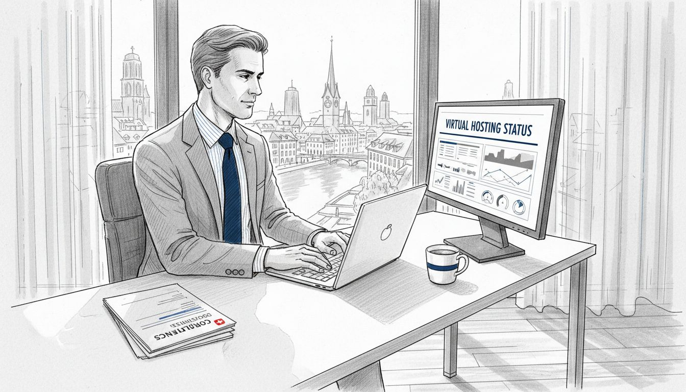 Swiss businessman at desk using virtual hosting dashboard