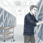Technician connecting cables in game server room