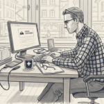 Swiss business owner updating website in office