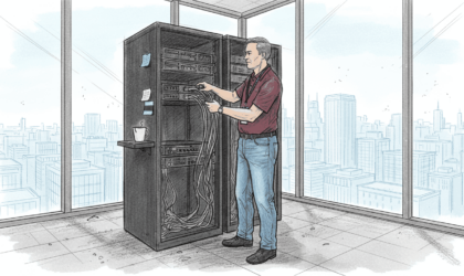 IT administrator connecting cables in server room