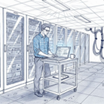 IT specialist monitors servers in busy server room