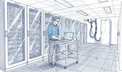 IT specialist monitors servers in busy server room