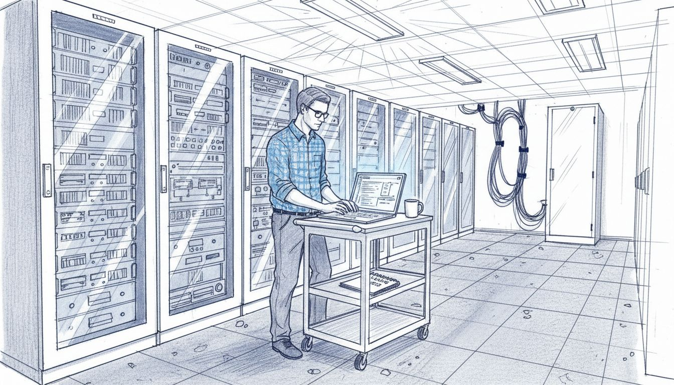 IT specialist monitors servers in busy server room