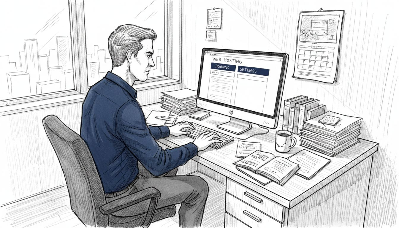 Business owner setting up web hosting in office