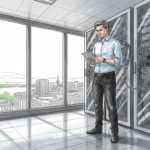 Swiss technician checking servers in corner room