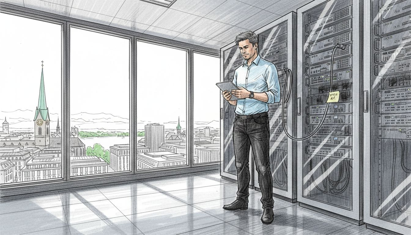 Swiss technician checking servers in corner room