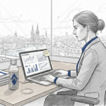 Swiss IT manager at desk with analytics charts