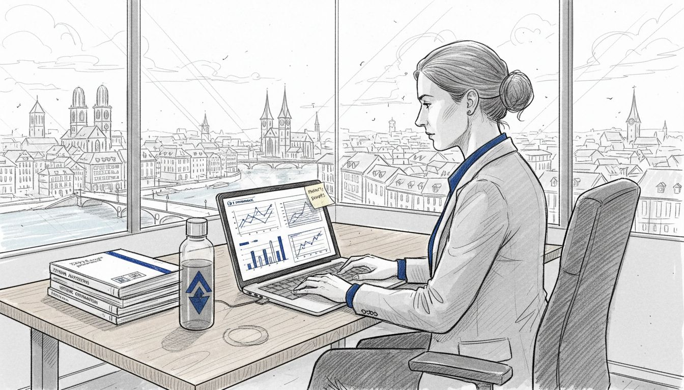 Swiss IT manager at desk with analytics charts