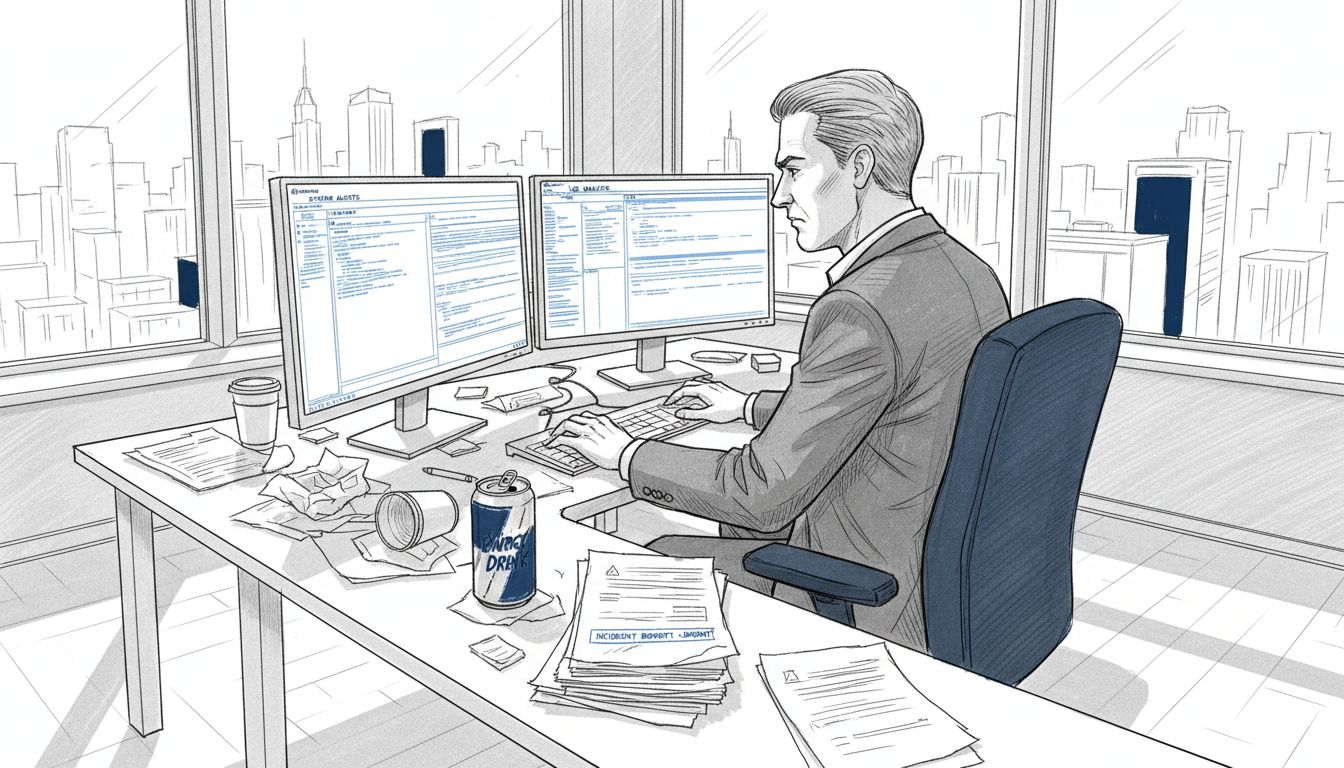 IT manager checks DDoS alerts in office