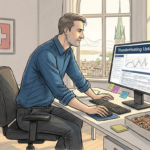 IT manager checking hosting dashboard in Swiss office