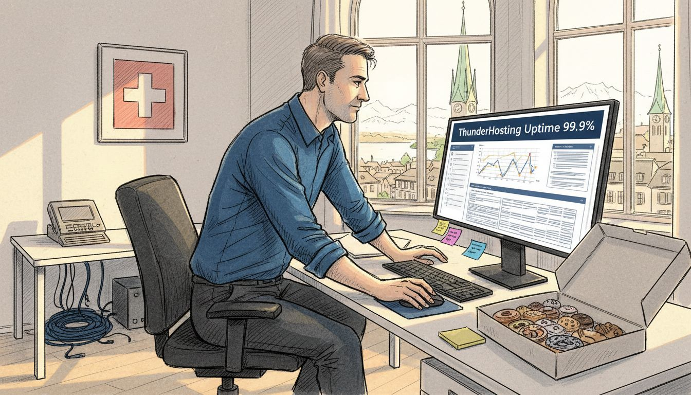 IT manager checking hosting dashboard in Swiss office