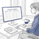 Small business owner researches web hosting options