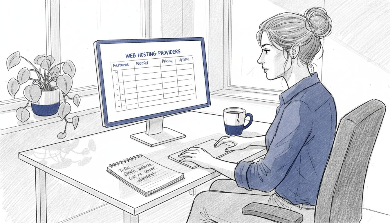 Small business owner researches web hosting options