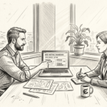 Consultant explains web hosting to businesswoman