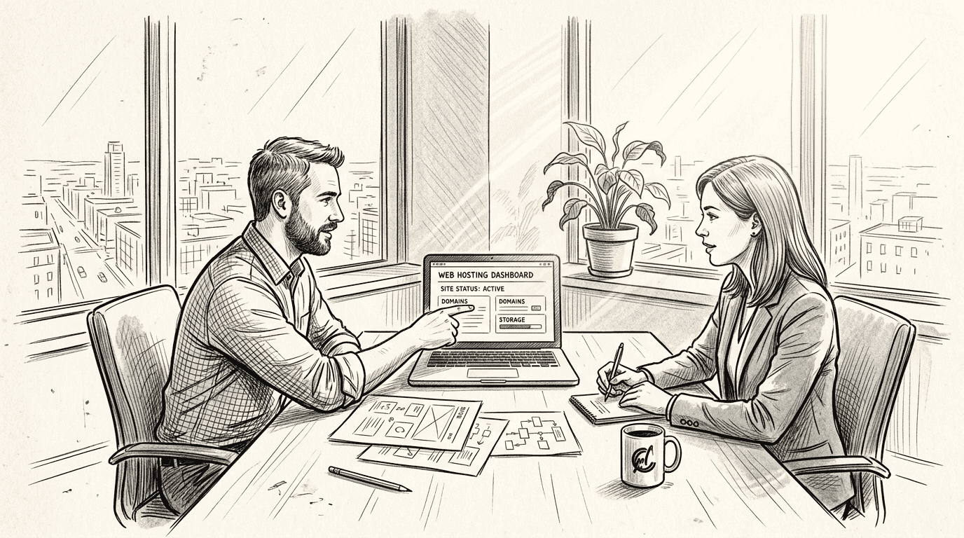 Consultant explains web hosting to businesswoman