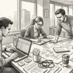 Team planning website migration in corner office