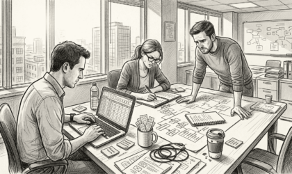 Team planning website migration in corner office