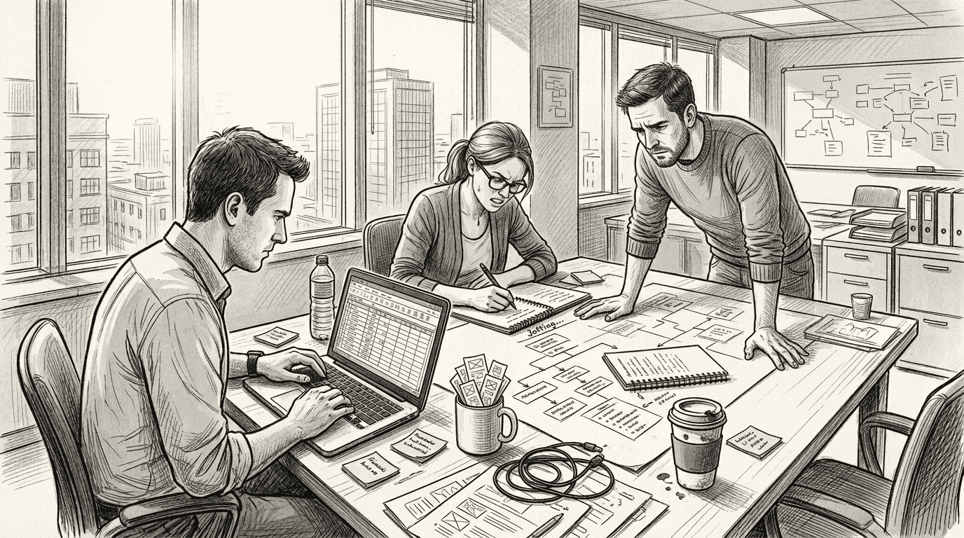 Team planning website migration in corner office